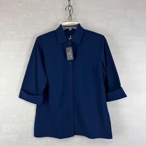Maserati Blue Button Front Blouse Short Sleeve Cuffed Women's Medium